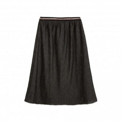 Saia preta com textura riscada e cintura elástica com riscas castanhas e bege