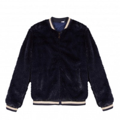 Casaco tipo bomber peludo preto com detalhes creme