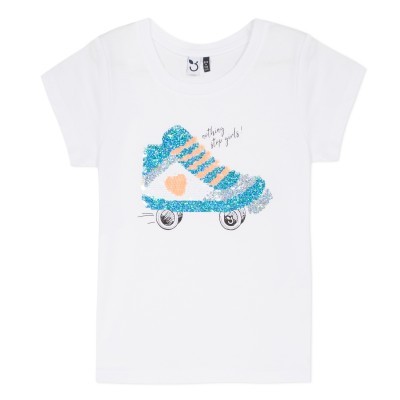 T-shirt branca infantil com estampa de patim azul e laranja com lantejoulas