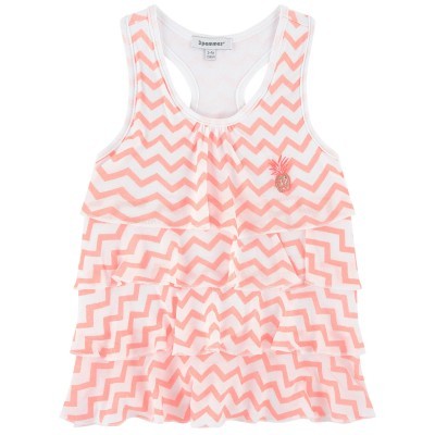 Top branco e rosa de alças com padrão zigzag e folhos para menina