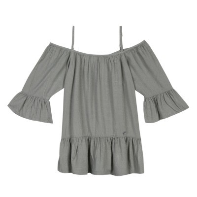 Blusa feminina cinza clara com babados em mangas e barra