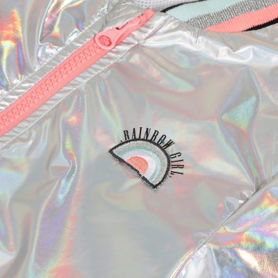 Casaco prateado iridescente com fecho cor-de-rosa e bordado Rainbow Girl