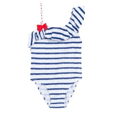 Fato de banho infantil às riscas azul e branco com folho e laço vermelho