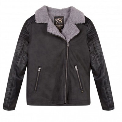 Casaco preto tipo biker com gola cinza macia e bolsos com fecho