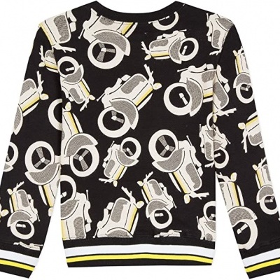 Camisola preta com padrão de câmaras fotográficas cinza, branco e amarelo