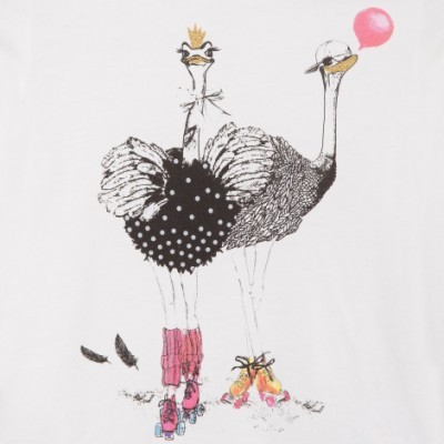 Desenho de duas aves com patins, uma com saia preta de bolinhas e coroa, outra soprando uma bola cor-de-rosa