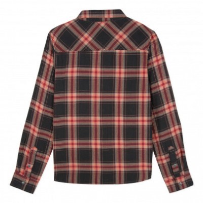 Camisa xadrez vermelha, preta e branca de manga comprida vista de costas