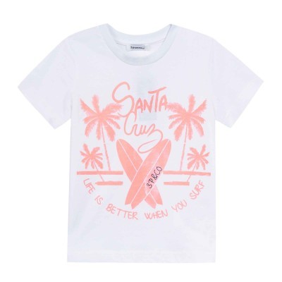 T-shirt branca com estampa cor de rosa de palmeiras e pranchas de surf