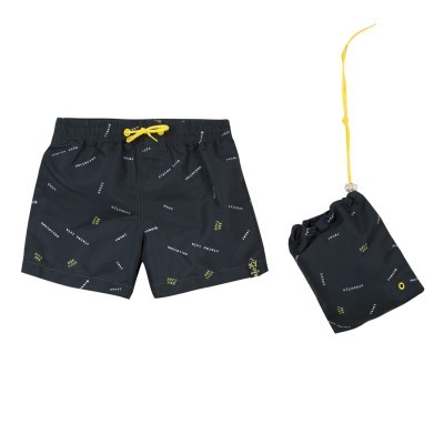 Calções de banho pretos com padrão de texto e saco a condizer com cordão amarelo