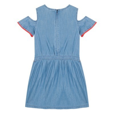 Vestido azul em tecido ganga com manga curta fria e fecho invisível