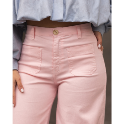 Calças rosa claro com bolsos frontais e botão dourado, usadas com blusa cinzenta