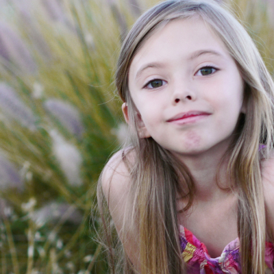 Criança de vestido rosa em meio a vegetação alta.