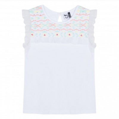 Camisola branca para criança com padrão colorido e babados nas mangas