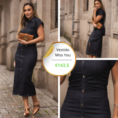 Vestido midi preto tipo ganga com botões coloridos e gola, mulher com clutch castanha e sapatos dourados em rua de pedra.