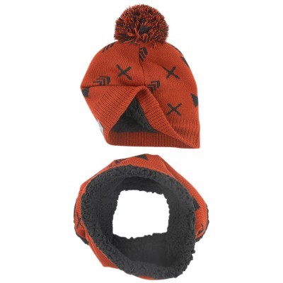 Gorro laranja com pompom e cachecol elástico forrado cinza escuro