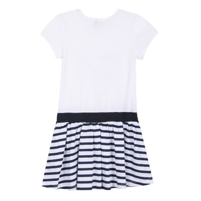 Vestido infantil branco com saia riscada azul e branca