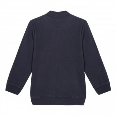 Camisola azul escuro de malha, vista de costas