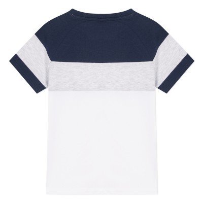 T-shirt de criança com blocos de cor azul-marinho, cinzento claro e branco