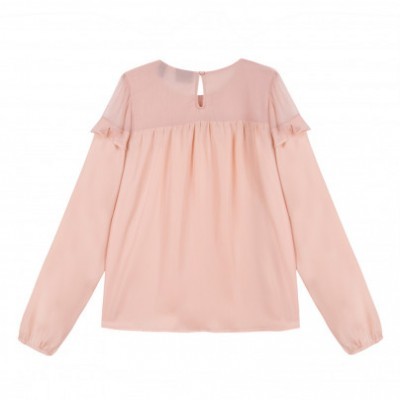 Blusa feminina rosa clara de manga comprida com folho e franzidos
