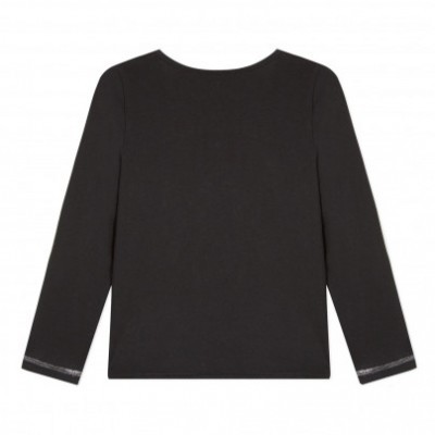 Camisola preta de manga comprida com decote redondo e acabamento cinza nas mangas