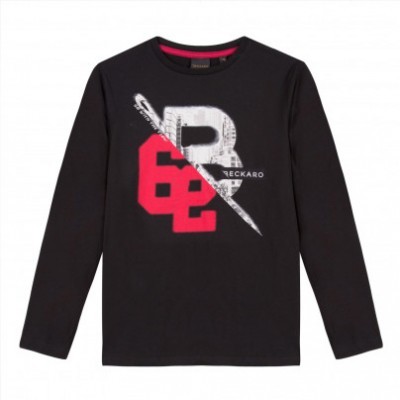 Camisola preta de manga comprida com estampa vermelha e branca