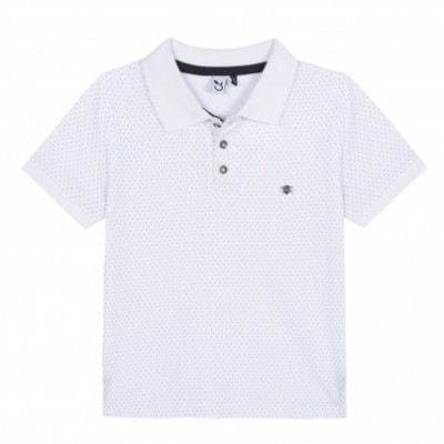 Polo branco com padrão de pontos pequenas e gola branca