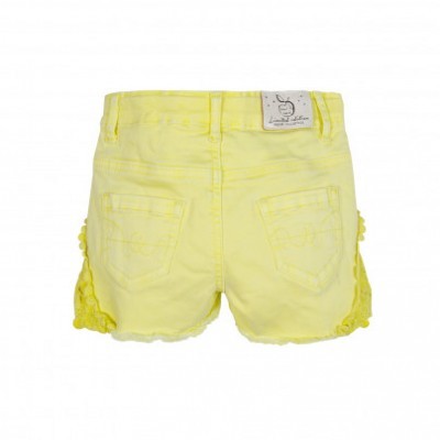 Calções curtos amarelos para criança com bolsos traseiros e renda lateral