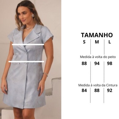 Vestido azul claro com botões e tabela de tamanhos