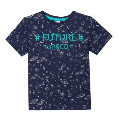 T-shirt azul escura com texto #FUTURE# 3P&CO em azul claro e estampado espacial branco
