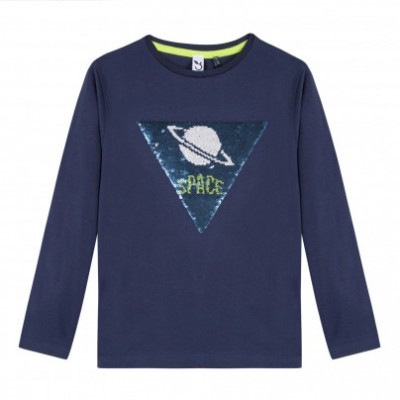 Camisola azul escura de manga comprida com aplique de lantejoulas e desenho de planeta