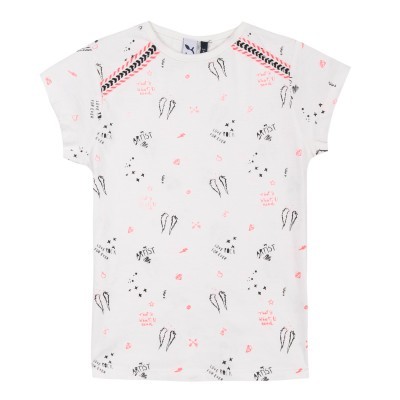 T-shirt branca com estampado preto e rosa com desenhos variados e texto ARTIST