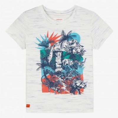 T-shirt branca com estampa colorida de tigres e árvores