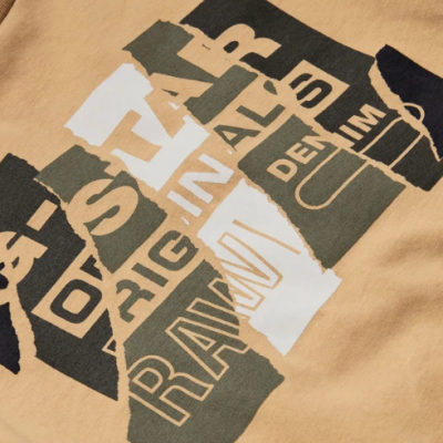 Tecido bege com design gráfico e texto fragmentado em várias cores