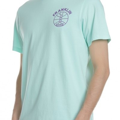 T-shirt azul claro de algodão com estampado roxo e mangas curtas