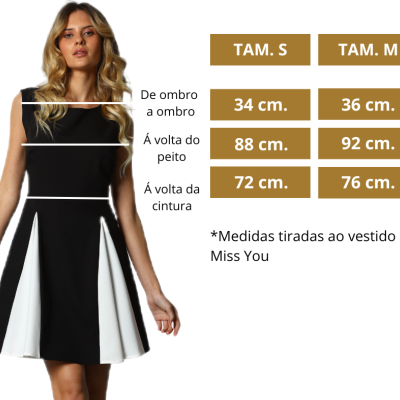 Vestido preto e branco com medidas de tamanho para S e M