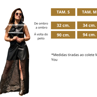 Colete preto de couro e renda com tabela de tamanhos TAM. S e TAM. M e medidas em centímetros