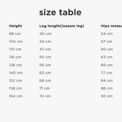 Tabela de tamanhos para criança com medidas de altura, comprimento da perna e medidas de ancas.