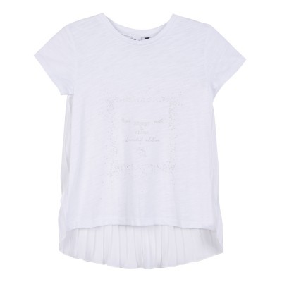 Camisola branca de manga curta com padrão texturizado e bainha plissada