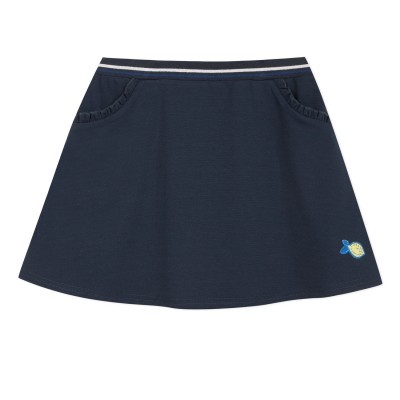 Saia azul escuro com cintura elástica e bordado de peixinho