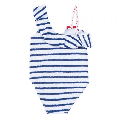 Fato de banho infantil azul e branco às riscas com folho