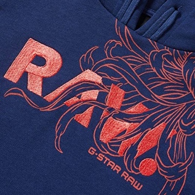 Hoodie azul escuro com bordado rosa coral e texto RAW! e G-STAR RAW