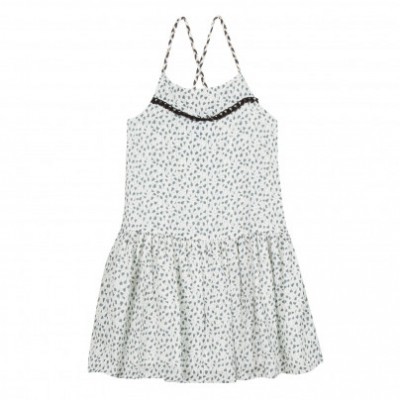 Vestido branco com padrão de folhas pretas e alças finas cruzadas