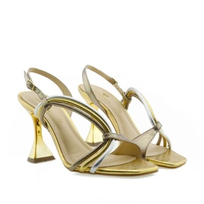 Sandálias femininas de salto alto dourado com tiras finas em vários tons
