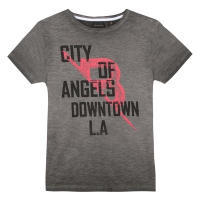 T-shirt cinza mesclado com texto preto e vermelho