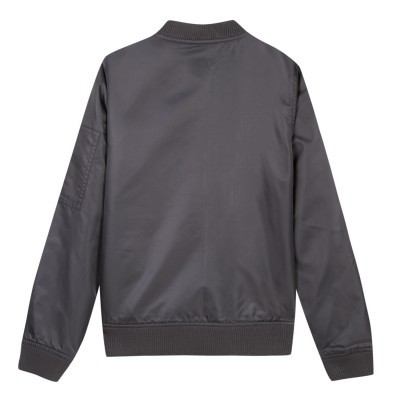 Casaco cinzento escuro unissexo visto por trás com acabamento em malha nas extremidades