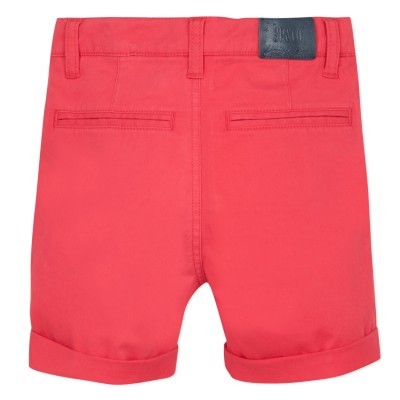 Calções vermelhos de tecido liso com bainha virada e etiqueta preta BÁRBARA