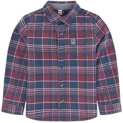 Camisa de criança xadrez azul e vermelho com botões e bolso no peito