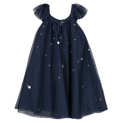 Vestido azul escuro com estrelas prateadas e mangas em tule para menina