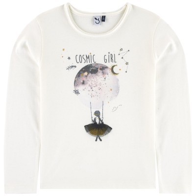 Camisola branca de manga longa com estampa 'COSMIC GIRL' e desenho de uma menina no baloiço