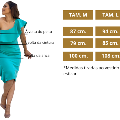 Vestido azul turquesa de um ombro só com babados e tabela de tamanhos